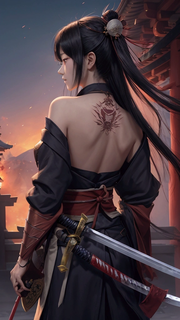 (Japanese sword &reference;Muramasa 2&reference;.2)Beautiful 27 year old woman、Japanese women、Tie your hair back、Hair ornament artist、Shinobi Costume、Warrior、Clear Eyes、{Arm tattoo(SakuraFubuki}'Back Tattoo、Warrior、(Japanese swordを両手で構える、1.3)(Japanese sword1.2)Intermediate position、In front of the body、(Hold the sword horizontally 1.3)、whole body、Long Blade Sword、Realistic battle scenes、敵Warriorの返りBlood、Blood、High resolution、Highest quality、Very detailed、8k、background、The castle is burning、Sparks fly、