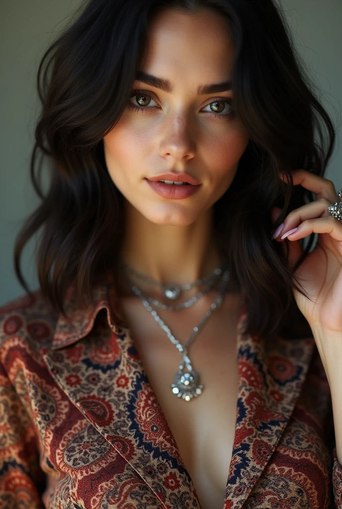 KatieMcgrath,A close-up portrait of a young beautiful (Scottish | French | Spanish | Iraqi ) girl, soft natural skin, long layered bob hair style, slim with curves, Persian Paisley shirt, beautiful diamond necklaces and rings, highly details, soft lighting, {{{masterpiece))), (((super-realistic)))
