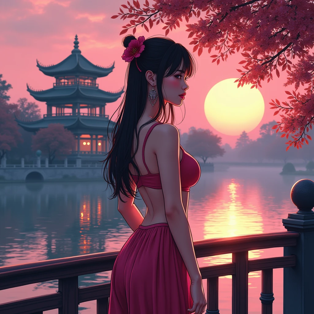 Vietnamese sexy girl, cyberpunk landscape of Hoan Kiem lake with Ngoc Son temple, anime style