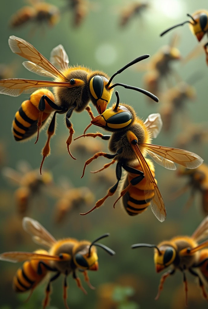Wasps are chasing each other and stinging.