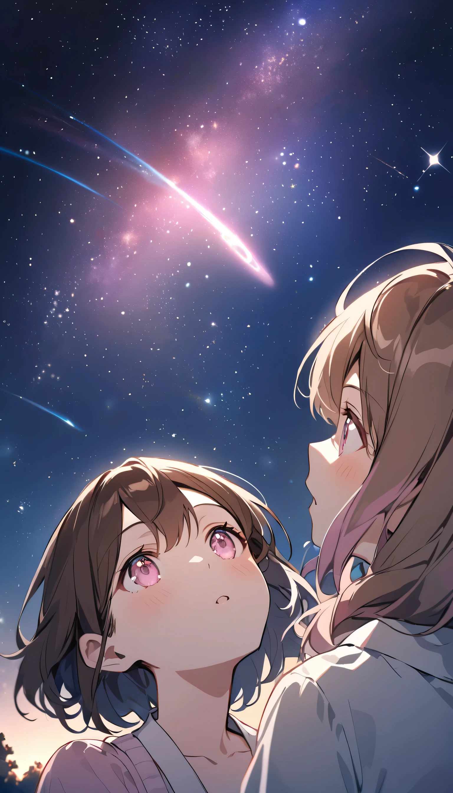 good looking, with two friends, 2 women, Medium Hair, Brown Hair, Pink highlights on the tip,Pale pink eyes,Looking up at the starry sky in the park on a summer night,Astronomical Observation,An emotional face