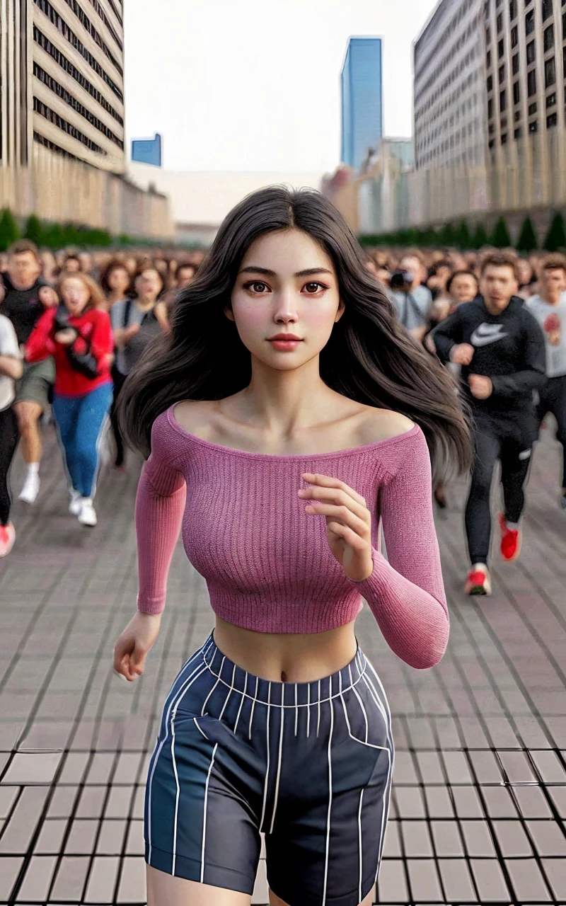 Quality portrait with full body pose, UHD quality, which is very realistic, sharp and clear in a medium distance sony camera shot, A beautiful Russian woman, 20 years old, round and clean face with very detailed skin texture, brown eyes, slightly chubby body, smiling slightly, wearing a pink knit T-shirt, long black hair, wearing short and tight blue jogging pants with white vertical trim, wearing red nike sports shoes with white trim, is running in the middle of a city park and there are many photographers chasing the woman. hyper realistic, best quality,4k,8k,highres,masterpiece:1.2,ultra-detailed,realistic,photorealistic,photo-realistic:1.37,portrait,full body portrait:1.3:1.5,close-up full body lens,delicate face,20 years old,long black-haired girl,rusian girl:1.5,short and long black hair,white transparent eyes:1.5,white tshirt:1.2,sort clothing:1.2,bcity park background:1.3,pearl illusion,fashion trend,3s material,high-definition,detail representation,c4d,3d,octane rendering,ray tracing,complex details,animated lighting,ocrenderer