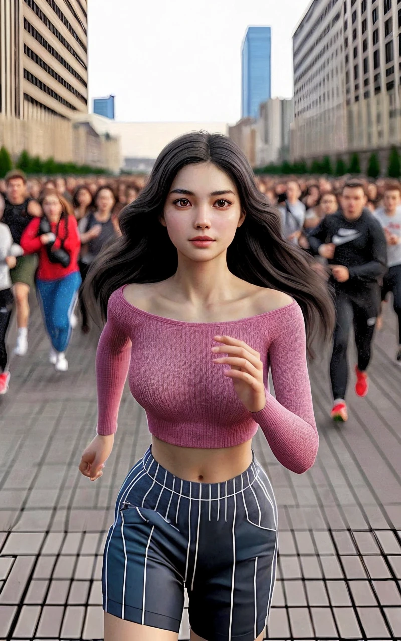 Quality portrait with full body pose, UHD quality, which is very realistic, sharp and clear in a medium distance sony camera shot, A beautiful Russian woman, 20 years old, round and clean face with very detailed skin texture, brown eyes, slightly chubby body, smiling slightly, wearing a pink knit T-shirt, long black hair, wearing short and tight blue jogging pants with white vertical trim, wearing red nike sports shoes with white trim, is running in the middle of a city park and there are many photographers chasing the woman. hyper realistic, best quality,4k,8k,highres,masterpiece:1.2,ultra-detailed,realistic,photorealistic,photo-realistic:1.37,portrait,full body portrait:1.3:1.5,close-up full body lens,delicate face,20 years old,long black-haired girl,rusian girl:1.5,short and long black hair,white transparent eyes:1.5,white tshirt:1.2,sort clothing:1.2,bcity park background:1.3,pearl illusion,fashion trend,3s material,high-definition,detail representation,c4d,3d,octane rendering,ray tracing,complex details,animated lighting,ocrenderer