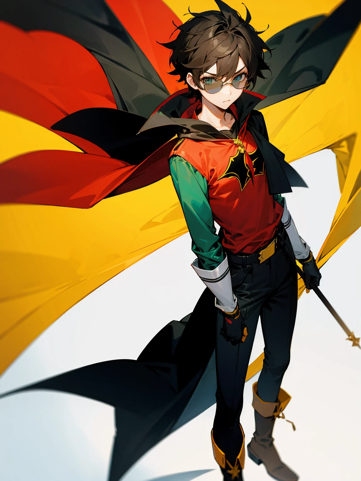 1male , Young Male , Red and Yellow T-Shirt with black fitted long sleeves under , Black Gloves, Green Boots , Robin Symbol on Shirt , Black and Cape, Messy Hair , Serious Expression , Standing on sidewalk, ((Robin Inspiration)), sunglasses