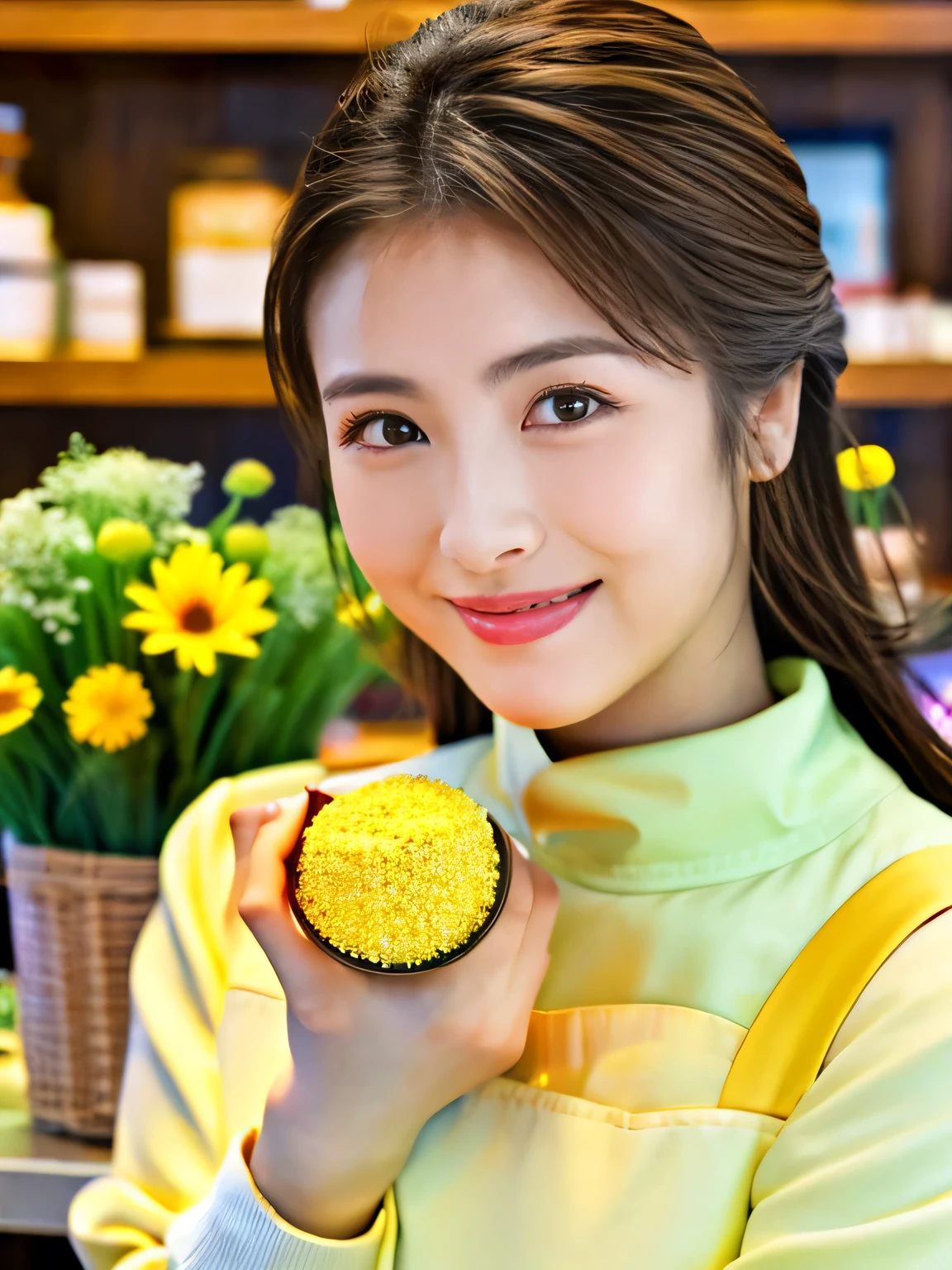 (highest quality、table top、8k、best image quality、Award-winning work)、Beauty of Spain、Spanish face、flower shop clerk、brown eyes、golden and brown hair、beautiful wavy hair、blurred background、The most natural and perfect flower shop interior、The store is decorated with many flowers...、There are many flowers lined up in the store...、Look back with a smile、long sleeve sweatshirt、The most natural and perfect apron、big breasts、emphasize the fullness of the chest、look at me with the best smile、very bright and vivid、perfect makeup、long eyelashes、close up of face、ultra high resolution glossy lips、Super high resolution glossy skin、super high quality hair、Super high-definition sparkling eyes、Super high resolution perfect teeth、Ultra high definition beauty face、Perfect flower shop interior in ultra high resolution