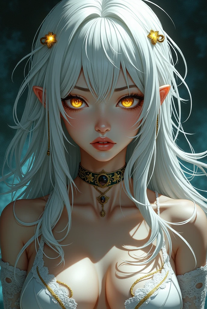 Create a woman with long white hair, with yellow eyes, Kaisen Jujutsu manga style.