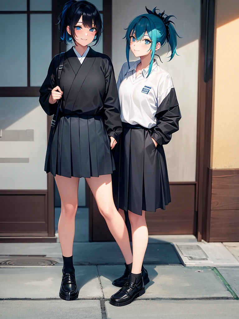 Girl with short black and cyan hair in a Japanese school uniform, two tone hair, freckles, ponytail, bangs, smile, street wear, urban clothing