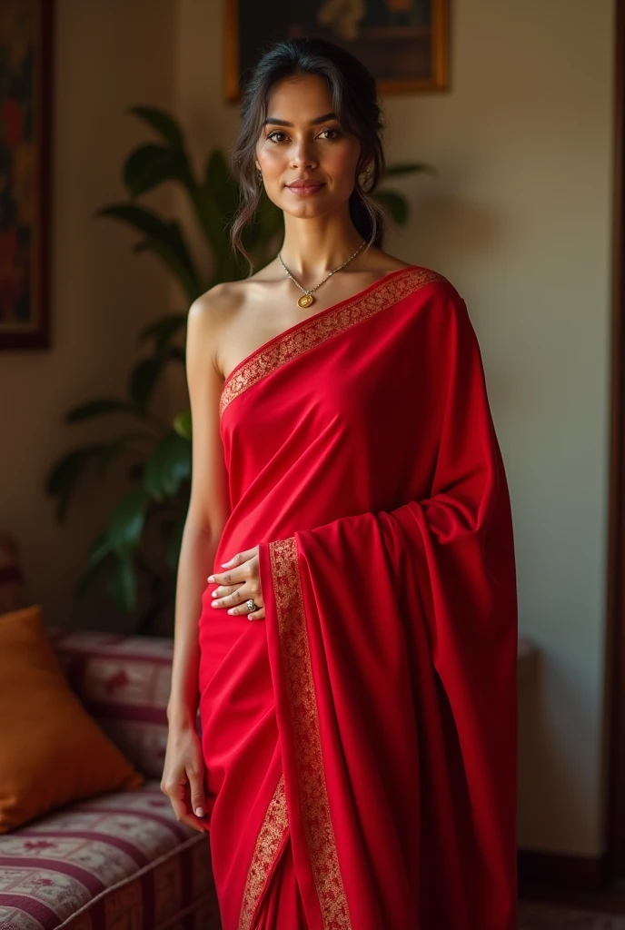A beutiful women parfect face 25 year old woman full pic wearing red saree thin body opan at home.