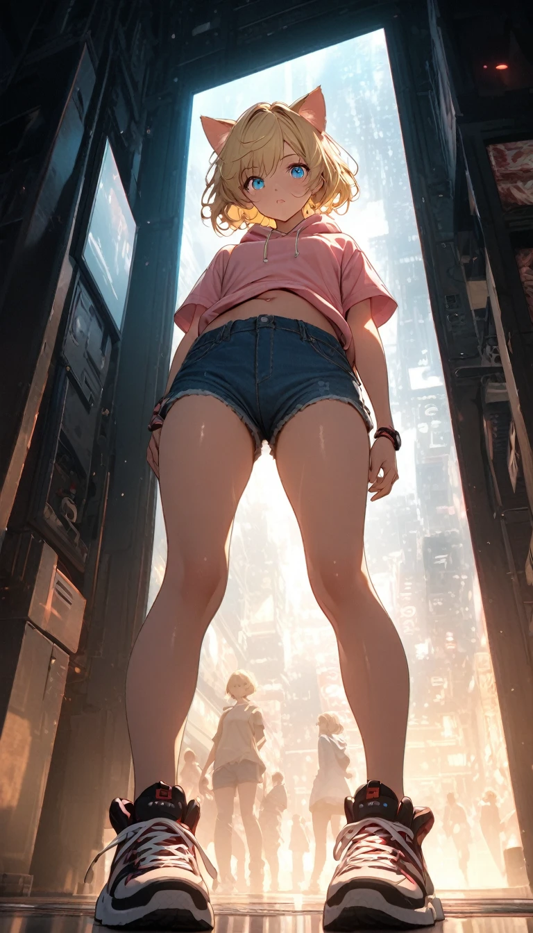 sexy、sexyなポーズ、Blonde Hair、Very Short Hair、Cat ears of the same color as the hair、Plain pink short sleeve hoodie、Short denim shorts、Belly button、sneakers、Turquoise Eyes、Flat Chest、Pure white background，Depth of written boundary，Low angle view，Calf Level View，Overclocked Renderer，Cinema Lighting，Ultra-fine，Very detailed，complicated，Cinematic Perspective，CG Art，