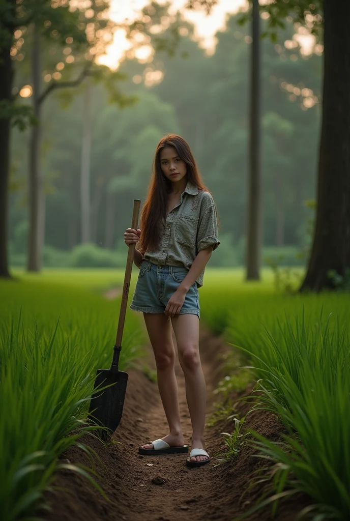 Txt2Img prompt creates a 64k photo of a quiet forest scene at dusk. The forest is bathed in a soft, gentle light, with tall ancient trees, whose leaves are shiny emerald green. Low angle portrait of a young woman with a Thai-Cambodian face, looking rustic.((sexly)) White skin, long brown hair, proportionate figure, sexy, wearing an old patterned shirt. , Very short pants, Wearing white flip-flops, she stood carrying a hoe. Behind the backdrop of newly planted rice fields, the rain was falling gently. The quiet of the evening was in the forest, bathed in a soft, gentle light. There were tall, ancient trees with leaves that shimmered in emerald green and gold. The ridges of the fields meandered gently through the forest.
