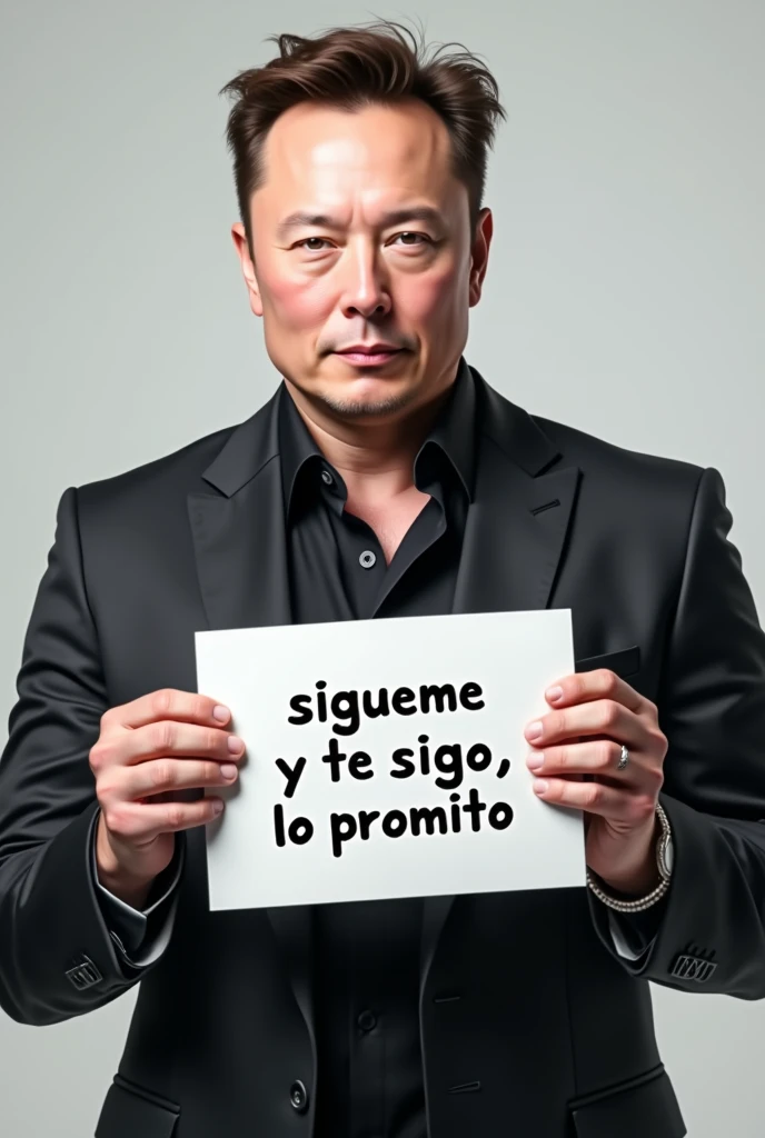 Elon musk holding a sign that says "sígueme y te sigo, lo prometo"