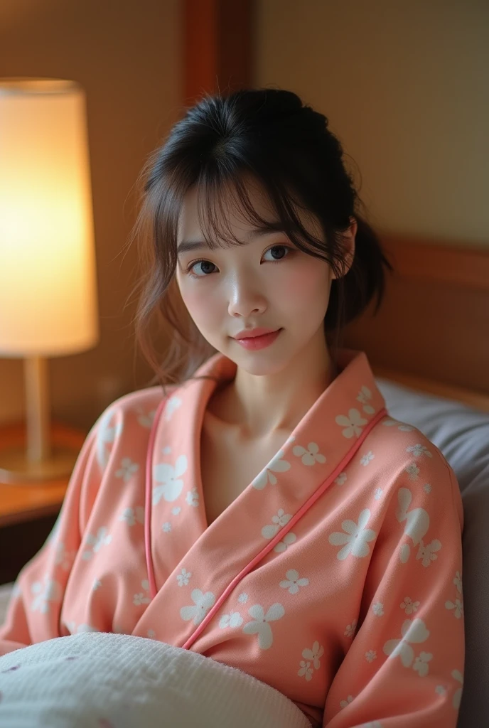 A very cute face like an idol、like々A 20-year-old woman with a cute face、Gentle and cute、A kind smile、(((Japanese Yukata)))、(night)、(((Lying asleep on a futon in a Japanese-style room at a Japanese inn)))、((Cleavage、I can see your thighs))、((Full body portrait))、RAW Photos、Genuine、High resolution