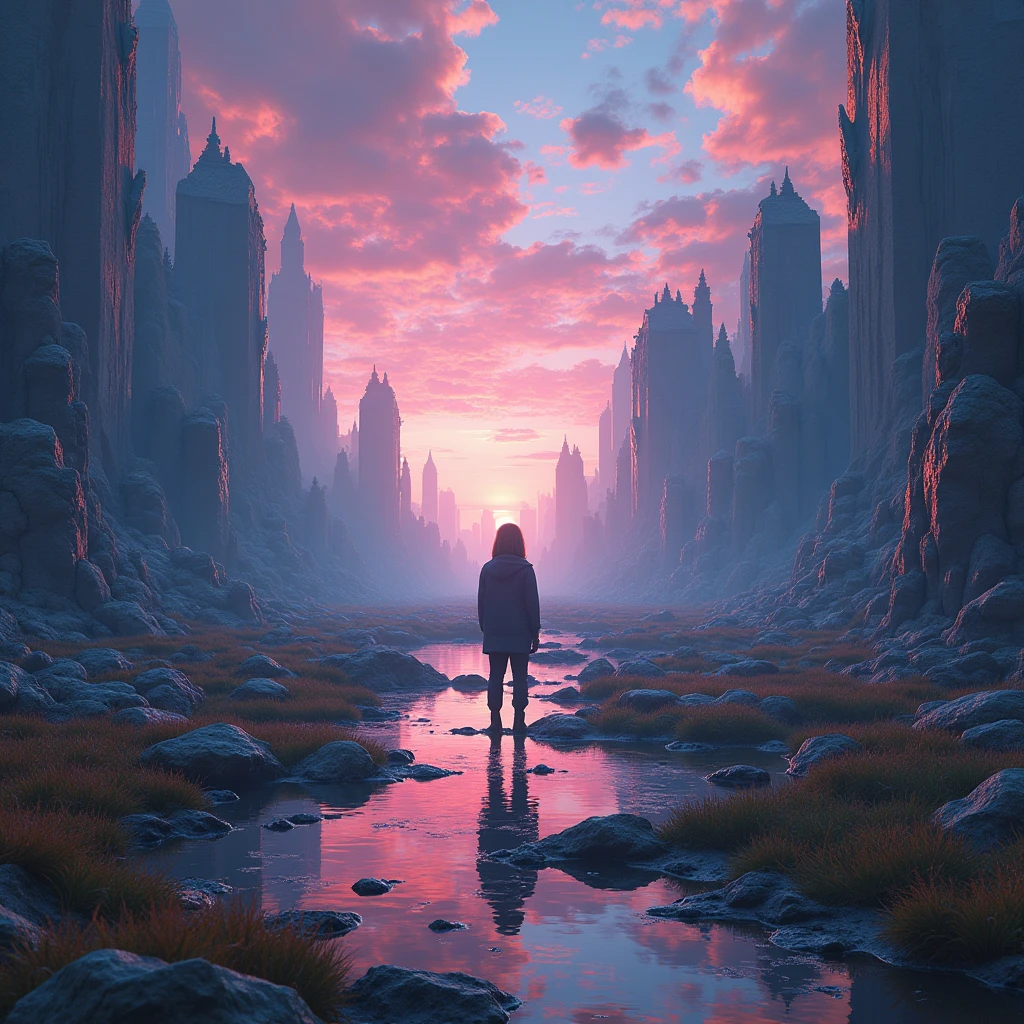 
A surreal dreamscape where everything is composed of floating pixels, including a figure wearing pixel glasses that allow them to interact with the shifting environment. The landscape is a mix of abstract and photorealistic elements. (high resolution, ultra detailed, 8K, cinematic lighting, photorealistic, surreal atmosphere)