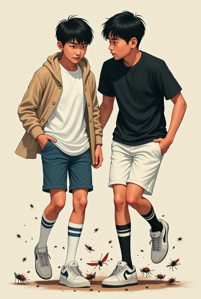 2 handsome asian male teenagers with tall and slim bodies and black hair. 1st asian wears a white t shirt with a beige cardigan, long white socks with 2 blue stripes on it, and white air force ones. 2nd wears a black t shirt, white shorts, long black socks with 2 white stripes, and air jordans. Both are stomping and crushing bugs