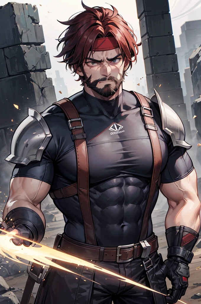 초상화, Face_through_torso, dark_fantasy, A large, muscular middle-aged man with a rugged appearance. He has a thick, bushy beard and dark red hair with a rough texture. He wears a headband with attached exploration lights. His outfit consists of a dust-stained short-sleeve cotton t-shirt that fully covers his chest, a harness, and metal gloves. His left arm is wrapped in bandages. He has a tough personality and a foul mouth, but is incredibly loyal. Although his profession is a miner, he doesn't prominently display mining elements. Having joined a vigilante group, he wears a somewhat makeshift armor, but due to his large size, only some parts of the armor fit him. Ensure his clothing and armor fully cover his body, avoiding any emphasis on the chest or excessive skin exposure.