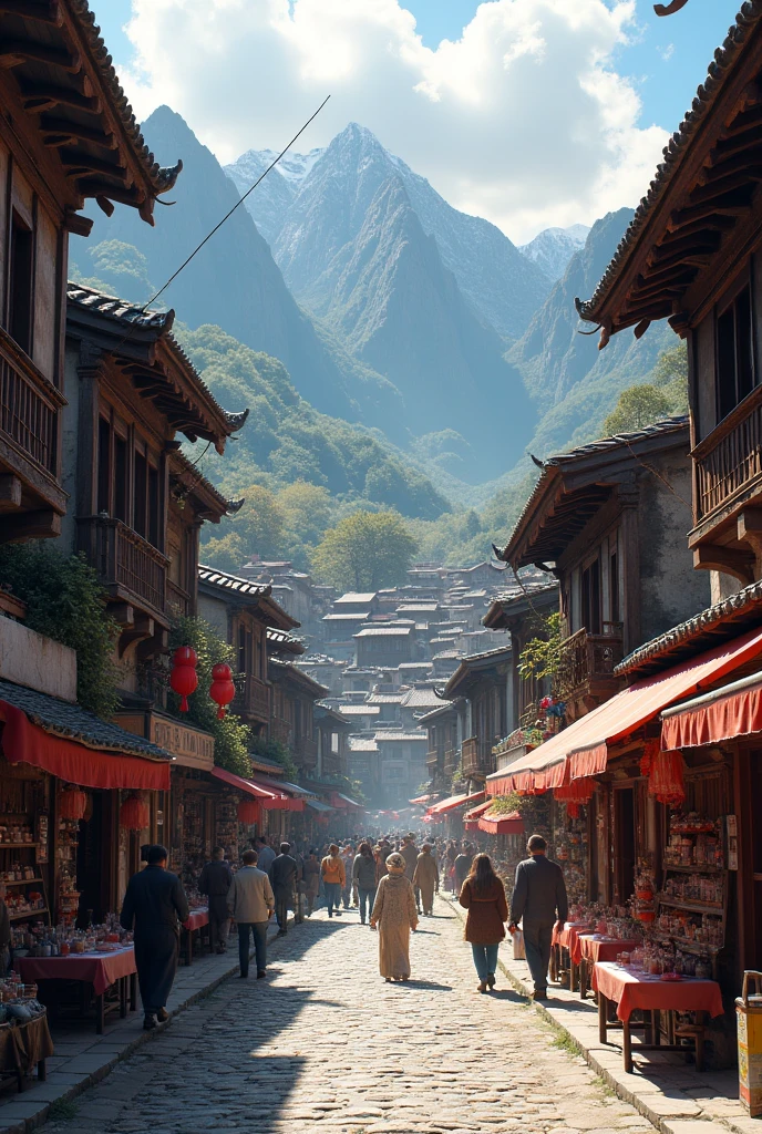 a beautiful ancient mountain village, bustling town center, (best quality,4k,8k,highres,masterpiece:1.2),ultra-detailed,(realistic,photorealistic,photo-realistic:1.37),ultra fine detailed buildings, cobblestone streets, people walking, market stalls, traditional architecture, warm sunlight, vibrant colors, intricate details
