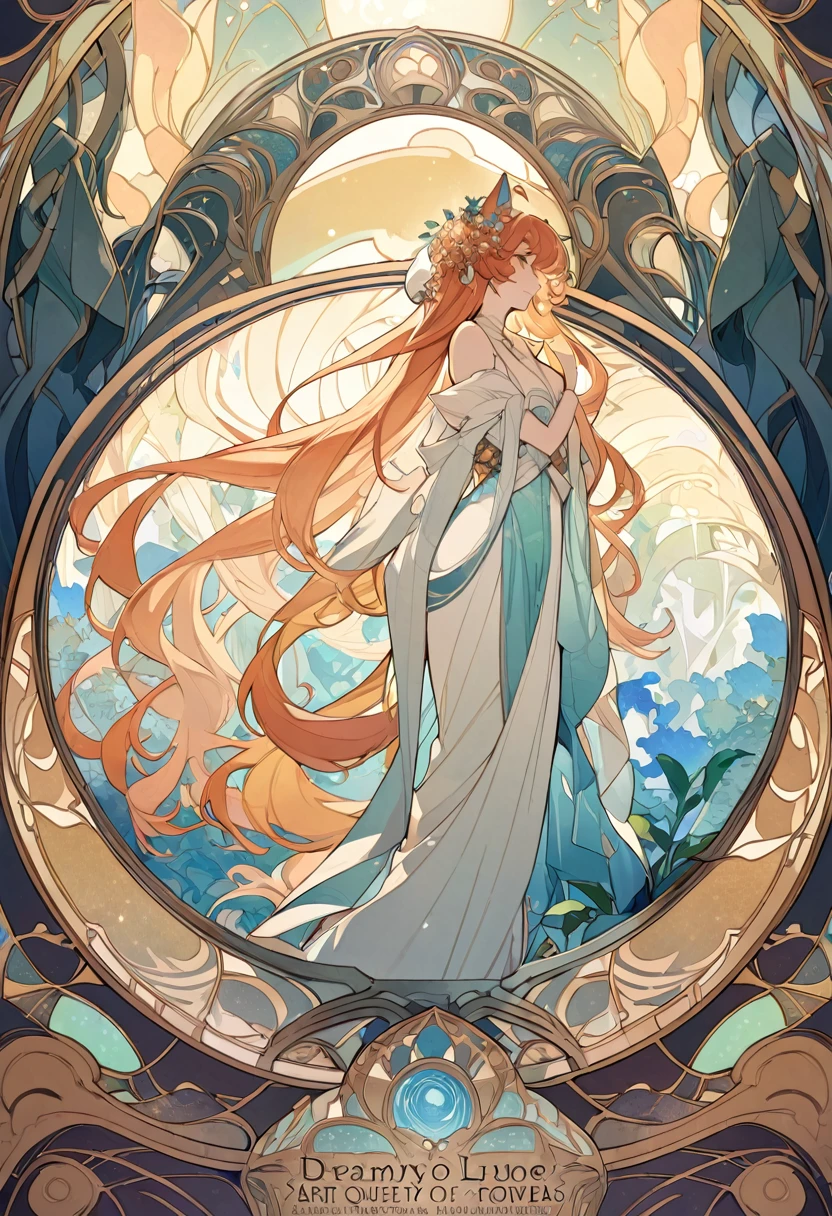 cover page, highres, top quality, best quality, paid reward available, unparalleled masterpiece, perfect artwork, absurdres, High-quality illustrations by Alphonse Mucha, art nouveau, Delicate and elegant linework, flowing hair, Flowing Dresses, Curvilinear lines, Decoration with plant motifs, Geometric decoration, Poetic atmosphere, Rich colors, Dreamy, mystical, Tarot Card(In the forest where the stream flows, Backlighting)perfect anatomy(Furry, Solo focus, Dress, Long Globe, Facial features of animals,  Features of the animal's body)All over body, Archaic Smile (portrait),