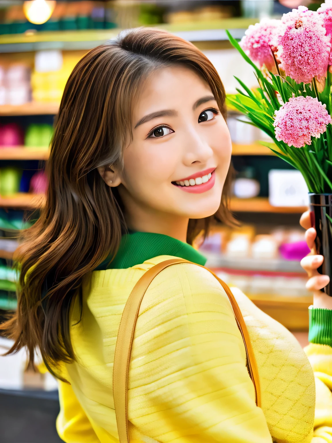 (highest quality、table top、8k、best image quality、Award-winning work)、Beauty of Spain、Spanish face、flower shop clerk、brown eyes、golden and brown hair、beautiful wavy hair、blurred background、The most natural and perfect flower shop interior、The store is decorated with many flowers...、There are many flowers lined up in the store...、Look back with a smile、long sleeve sweatshirt、The most natural and perfect apron、big breasts、emphasize the fullness of the chest、look at me with the best smile、very bright and vivid、perfect makeup、long eyelashes、close up of face、ultra high resolution glossy lips、Super high resolution glossy skin、super high quality hair、Super high-definition sparkling eyes、Super high resolution perfect teeth、Ultra high definition beauty face、Perfect flower shop interior in ultra high resolution