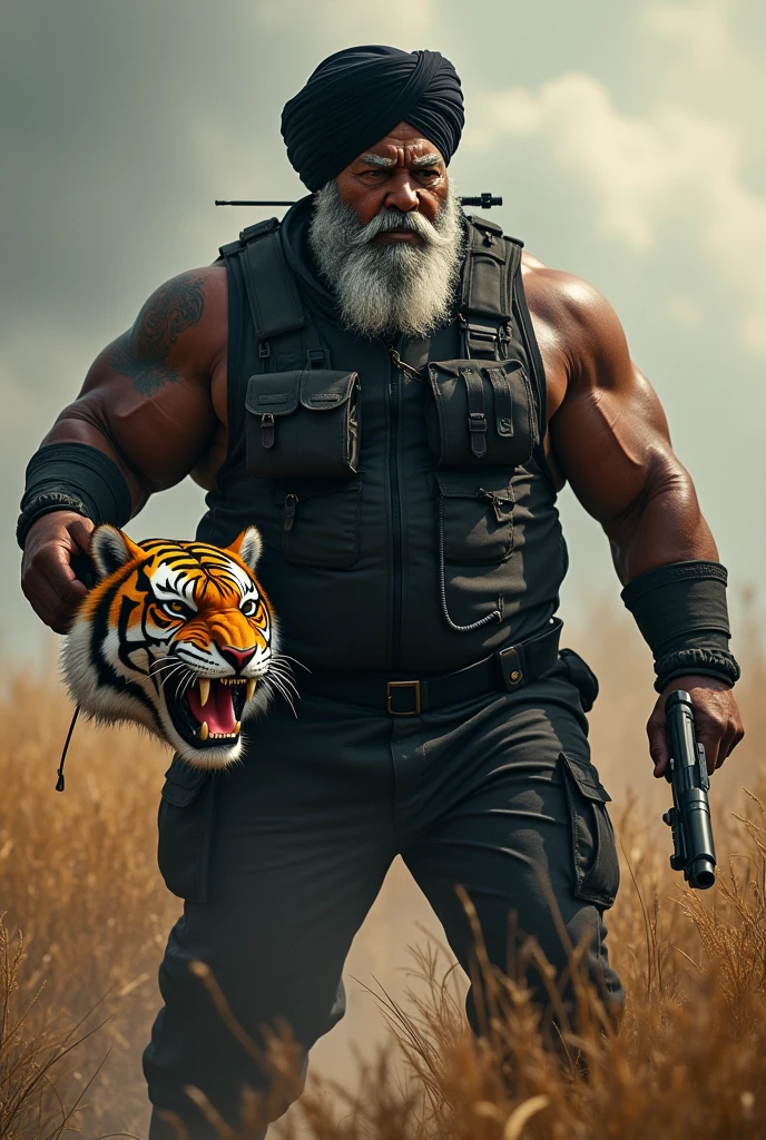 (a dark-skinned fat muscular sikh old man in black skintight diver suit) carrying a gun in right hand, (carrying realistic roaring tiger mask in left hand), dynamic action pose, fierce expression, showcasing an imposing stature, surrounded by military elements, dramatic shadows and intense highlights, cinematic color tones, high detail, powerful, art influenced by Bruce Onobrakpeya and Stanley Artgerm, ultra-detailed, best quality image, action-packed atmosphere. fighting stance. field background