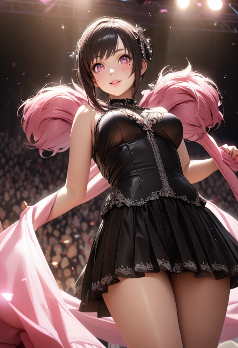One Girl、Looking at the audience、
Beautiful pink eyes、Long pink twin-tail hair、,Mole under the eye、Plump and glossy lips、Heart-shaped choca、idol、Her name is Rico,smile、ー、。.。.。.。.。.。.。.。.。.。.。.。.。.。.。.。.。.。.3d、Realistic、
idol衣装、Short skirt,Drape clothes、gem、The decoration has been removed、florals、lace trim,On a glittering stage、
masterpiece、highest quality、8k、Detailed skin texture、Detailed cloth texture、Beautifully detailed face、Intricate details、Very detailed、
超A high resolution、8k Ultra HD、Film Grain、Best Shadow、delicate、Gazing at the audience、front