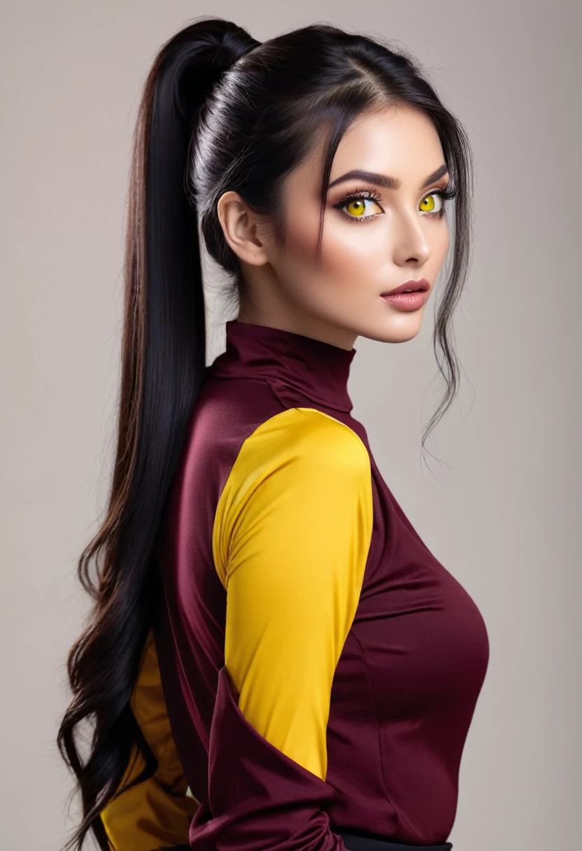 Extremely beautiful modern female with long black ponytail and bright yellow eyes. Wears a long sleeve maroon top