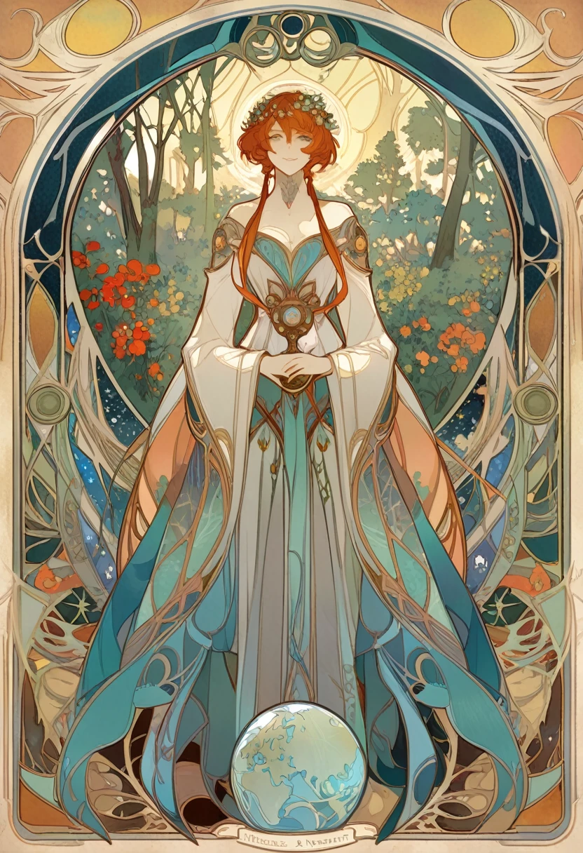 cover page, highres, top quality, best quality, paid reward available, unparalleled masterpiece, perfect artwork, absurdres, High-quality illustrations by Alphonse Mucha, art nouveau, Delicate and elegant linework, flowing hair, Flowing Dresses, Curvilinear lines, Decoration with plant motifs, Geometric decoration, Poetic atmosphere, Rich colors, Dreamy, mystical, Tarot Card(In the forest where the stream flows, Backlighting)perfect anatomy(Furry, Solo focus, Dress, Long Globe, Facial features of animals, Features of the animal's body)All over body, Archaic Smile (portrait),