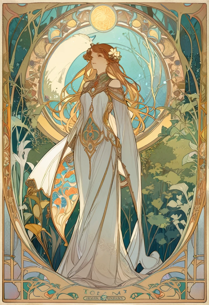 cover page, highres, top quality, best quality, paid reward available, unparalleled masterpiece, perfect artwork, absurdres, High-quality illustrations by Alphonse Mucha, art nouveau, Delicate and elegant linework, flowing hair, Flowing Dresses, Curvilinear lines, Decoration with plant motifs, Geometric decoration, Poetic atmosphere, Rich colors, Dreamy, mystical, Tarot Card(In the forest where the stream flows, Backlighting)perfect anatomy(Furry, Solo focus, Dress, Long Globe, Facial features of animals, Features of the animal's body)All over body, Archaic Smile (portrait),