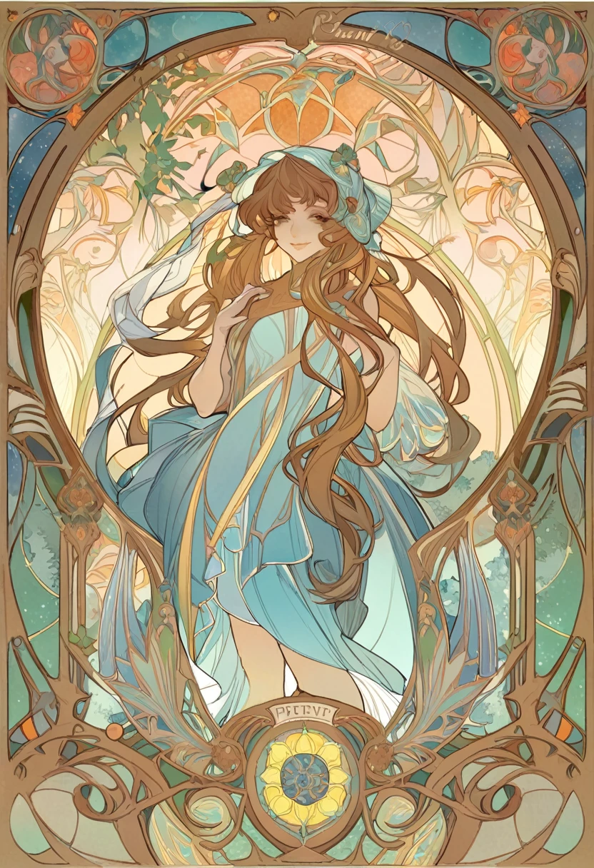 cover page, highres, top quality, best quality, paid reward available, unparalleled masterpiece, perfect artwork, absurdres, High-quality illustrations by Alphonse Mucha, art nouveau, Delicate and elegant linework, flowing hair, Flowing Dresses, Curvilinear lines, Decoration with plant motifs, Geometric decoration, Poetic atmosphere, Rich colors, Dreamy, mystical, Tarot Card(In the forest where the stream flows, Backlighting)perfect anatomy(Furry, Solo focus, Dress, Long Globe, Facial features of animals, Features of the animal's body)All over body, Archaic Smile (portrait),