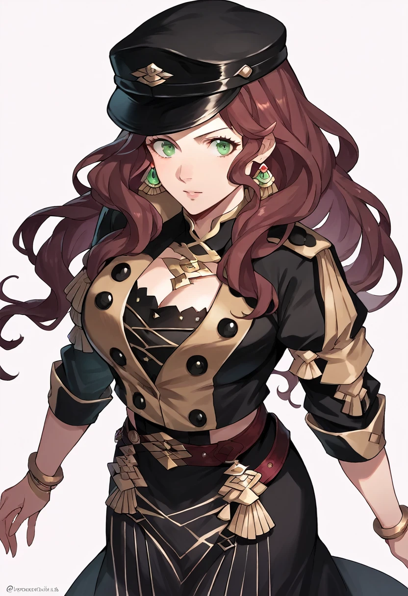 score_9, score_8_up, score_7_up, source_anime, Dorothea (Fire Emblem), black headwear, black skirt, belt, (black uniform), brown hair, dangle earrings, gold trim, green eyes, jewelry, large breasts, long hair, black peaked cap, black hat