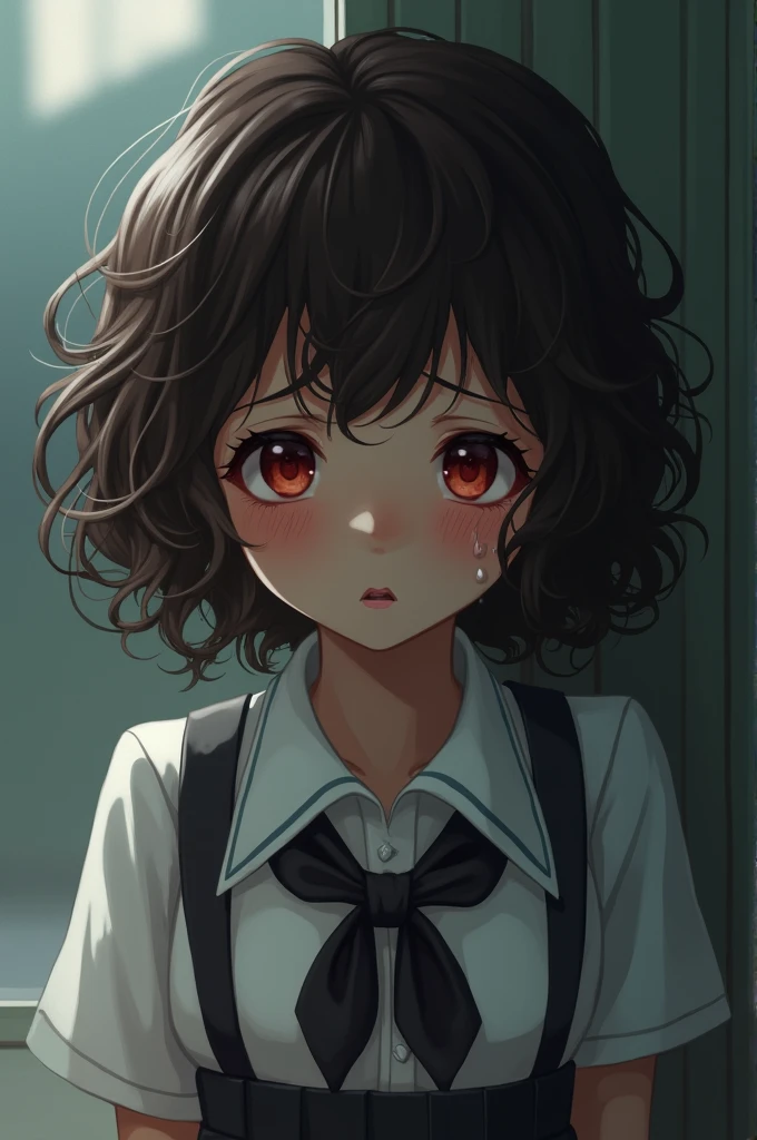 A curly-haired school girl cries