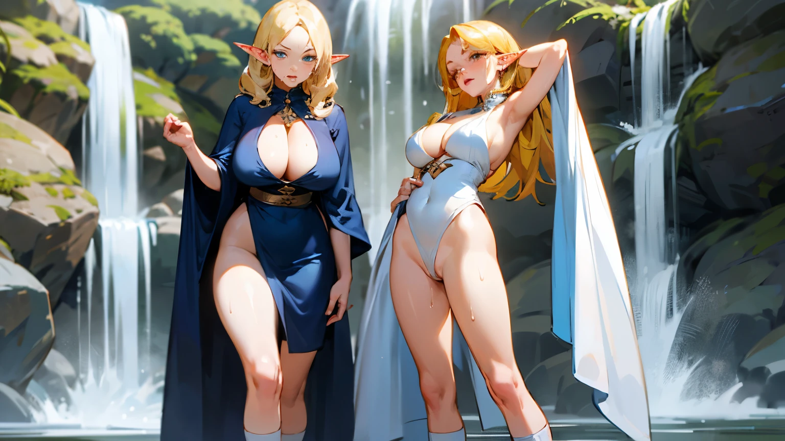 1girl, mature woman wearing transparent robe ,face perfect, Woman, big boobies ,face detailed, hairty armpits, sample armpits, pubic-hair, pelos nas axilas hairty armpits axiludas,legs spread open, elf, yellow hair,sweat,angry,lips red, white socks, standing, ultra large saggy breasts, massive cleavage exposed, waterfall background,standing, white skin, blue eyeballs, blonde hair, touching her chest, 2 girls in background