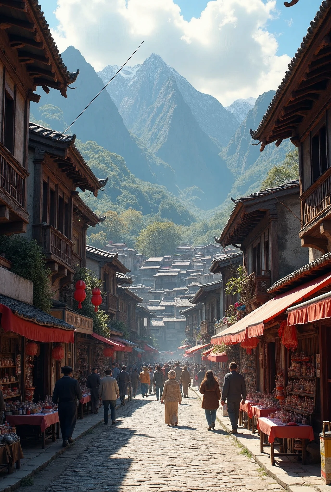 a beautiful ancient mountain village, bustling town center, (best quality,4k,8k,highres,masterpiece:1.2),ultra-detailed,(realistic,photorealistic,photo-realistic:1.37),ultra fine detailed buildings, cobblestone streets, people walking, market stalls, traditional architecture, warm sunlight, vibrant colors, intricate details