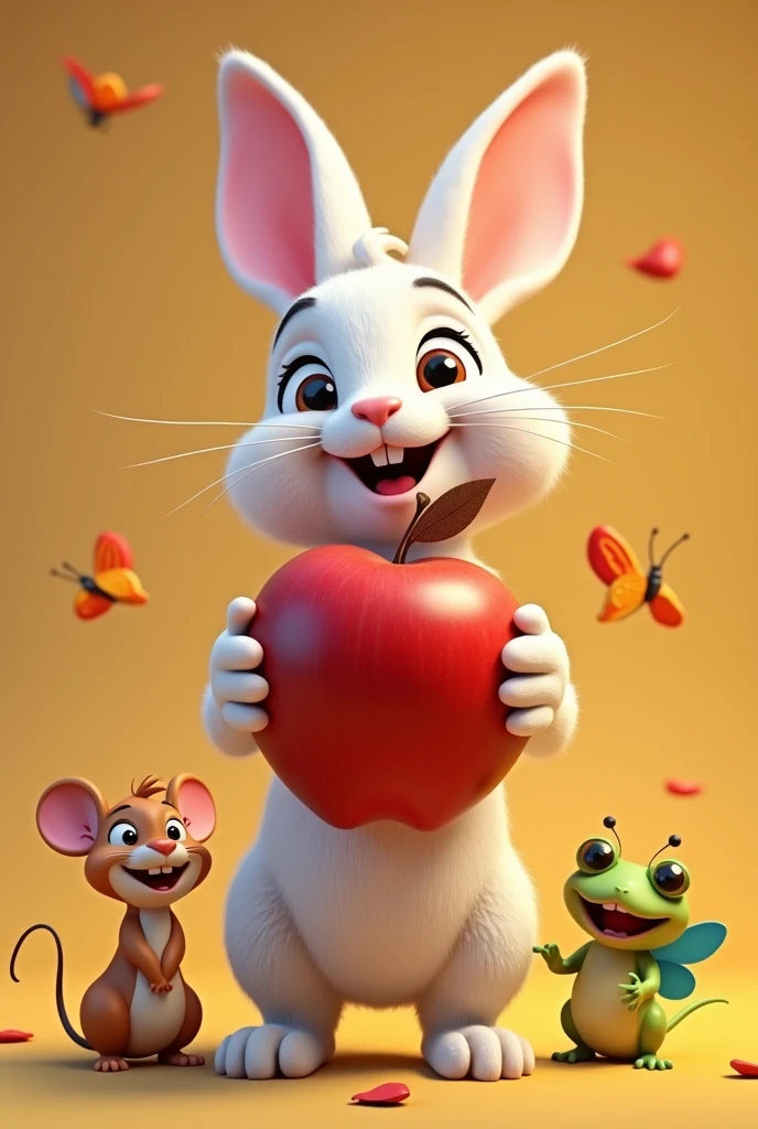 The baby rabbit holding the shiny red apple with both paws, its face beaming with happiness, surrounded by its friends—the mouse, the butterfly, and the frog—who are all smiling and sharing in its joy, um personagem animado, Caractere estilizado, animation style rendering, 3D estilizado, Arnold Maya render, 3 d render stylized, toon render keyshot, Personagem 3D, Personagem 3D, 3d rendering stylized, 3d character render, personagem de desenho animado, Personagem