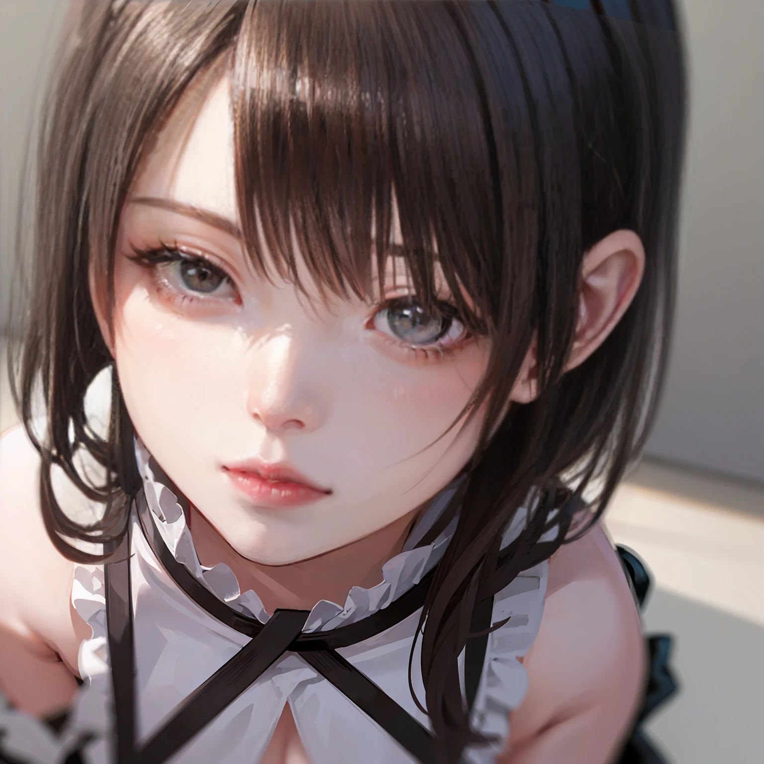 (8k, RAW Photos, Very delicate and beautiful, Ultra-high resolution, Highest quality, masterpiece, 3d: 1.2), (Real、Photorealistic: 1.4), (Highly detailed 8K wallpapers), Cute girl like a doll, highly detailed dress, Gothic, Lolita, Big ribbon, Highly detailed twintails, Blunt bangs, Highly detailed glossy black hair, Transparent white skin, Pink Cheeks, Big, round brown eyes, Tear bags, Long eyelashes, Thin lips, slightly raised corners of the mouth, round face, Simple Background, From above, Looking at the camera, manga, Cinematic, Dramatic, In the Studio, The best light, Backlit, Perfect composition, 