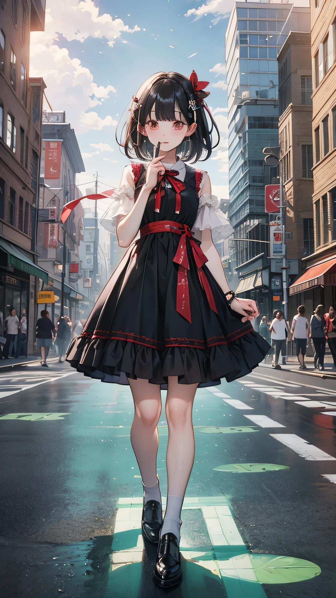 (masterpiece,up to date,Exceptional:1.2), アニメ,One girl,Front hair,black_hair, Beautiful 8k eyes,green_zero,bridge,buildwg,city,city,cityscape,cloud,Day,dress,Lookwg_w_Audience,Outdoor,red_neckwear,red_ribbon,ribbon,river,short_hair,short_sleeve,zero,zeroscraper,一人w,Are standwg,town,wwer