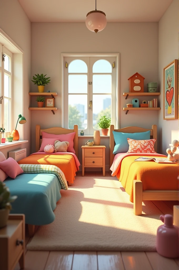 3d drawing of a child's bedroom that has 3 beds
