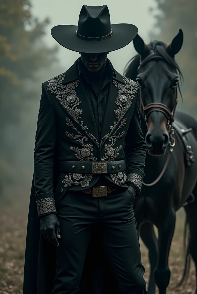 Man dressed completely in black with an elegant charro suit including a wide-brimmed hat, Jacket with silver embroidery and tight trousers like don diego de lavega on movie zorro. His face is often hidden in shadows or behind a mask., and a giant black horse on his side, creating an imposing and enigmatic image.