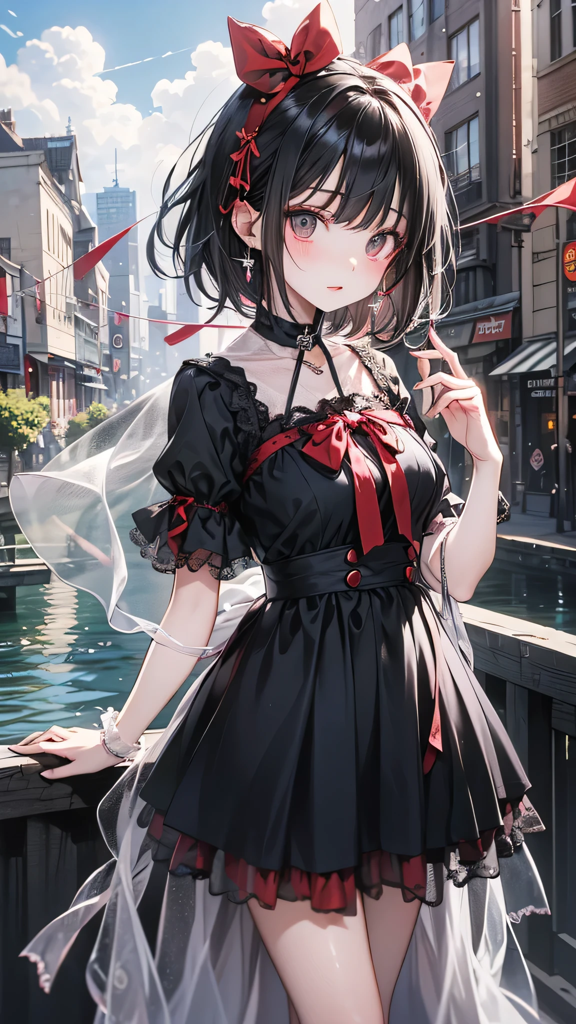 (masterpiece,up to date,Exceptional:1.2), アニメ,One girl,Front hair,black_hair, Beautiful 8k eyes,green_zero,bridge,buildwg,city,city,cityscape,cloud,Day,dress,Lookwg_w_Audience,Outdoor,red_neckwear,red_ribbon,ribbon,river,short_hair,short_sleeve,zero,zeroscraper,一人w,Are standwg,town,wwer
