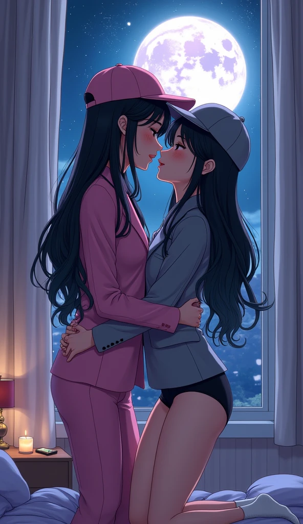 Two girls, long black hairs, yuri,
The first girl wear a pink suit, black shirt, black underpants, black tights, white socks.
The second girl wore a grey suit, black shirt, black underpants, black tights, white socks.
french kiss, lesbian kiss hugging, sensual body, closed eyes, bedroom, snowing, grey blue sky, moon, cartoon novel, 4K, HD