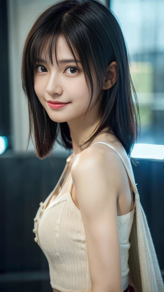 (8k, RAW Photos, Highest quality, masterpiece:1.2), Super detailed, Super Resolution, (Realistic, Realistic Photo:1.37), Portraiture, High-definition RAW color photos, Professional photos, Very detailed and beautiful, Very detailed, 8k wallpaper, Wonderful!、Detailed, Large file size, Official Art, highly detailed CG unity 8k wallpaper, Very detailed美Shii女の子, Very detailed顔, Very detailed目, Very detailed肌, Very elaborate fingers, Very detailed鼻, Very detailedDetailed口 , Perfect Anatomy, Very detailed背景, Very fine clothing, One girl, 16 years old,cute girl, Realistic body, Fair skin, Glowing Skin , The body is slim, Handsome body, Black Hair , short hair, (Blunt bangs:1.2), smile, cute, like々Shii, cute face, Realistic Face, Delicate eyes, Droopy eyes, View your viewers, Look forward, Standing posture, Opposition, Dynamic Lighting, ((Face close-up)), (Mid-chest), (Perfect Body Proportions),