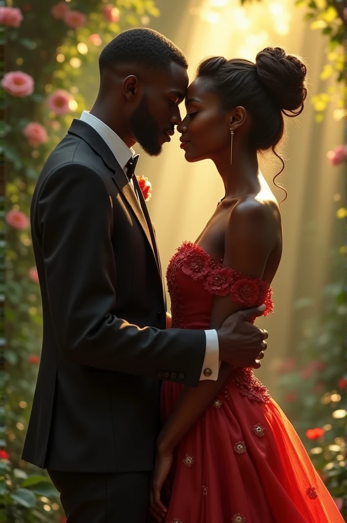 Beautiful black girl wearing a gown standing with a handsome black man looking at each other with love about to kiss