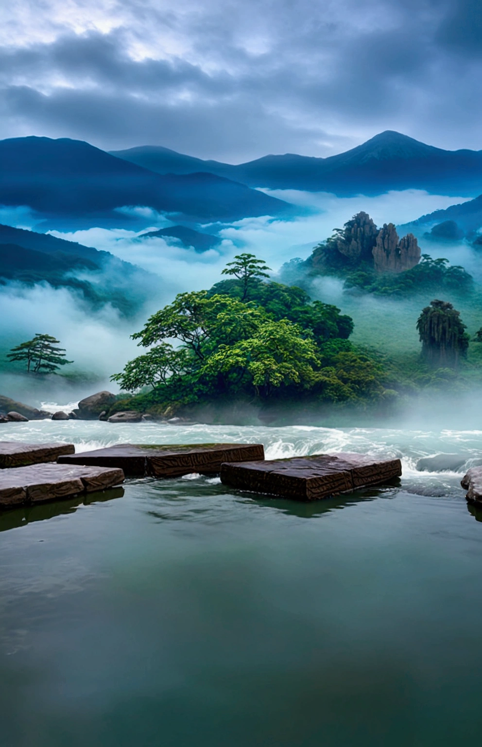 stream，Behind is the mountain,Clouds and mist