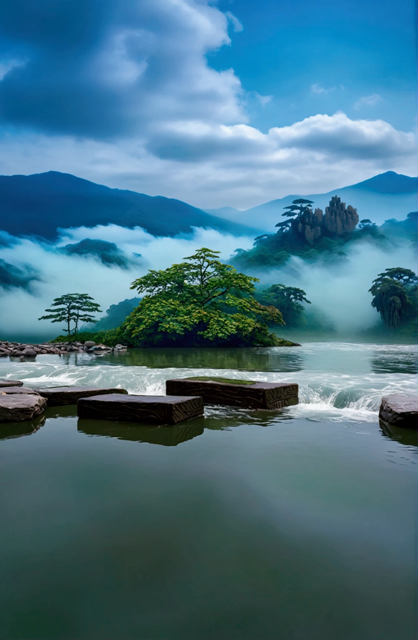 stream，Behind is the mountain,Clouds and mist