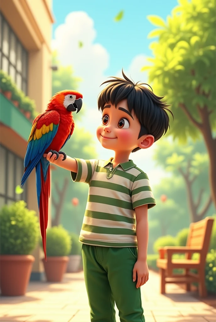 One sunny afternoon at school, There was a boy with black hair, wearing a white and green striped shirt, green pants, and a parrot on his arm.