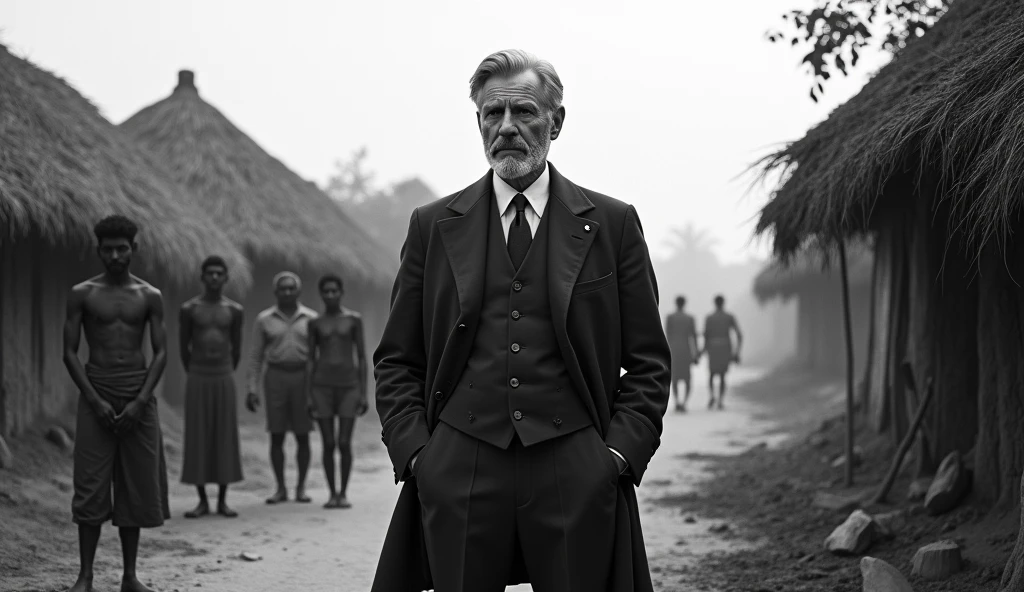 A solemn British man, C.F. Andrews, in his late 50s or early 60s, with short, neatly combed gray hair, and a well-groomed beard. He is dressed in an early 20th-century three-piece suit with a tie, exuding a dignified and compassionate presence. Andrews stands with hands in his pockets in a small, impoverished Indian village with thatched huts in the background. The scene is dark and in black and white, capturing the somber and challenging atmosphere of colonial India. Villagers in traditional attire are faintly visible in the background, adding depth to the scene."