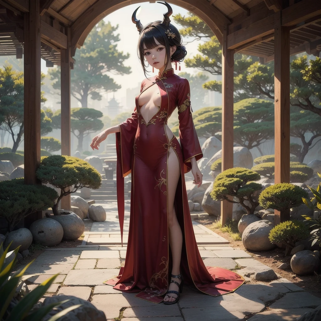 There are ghost horns on the head,Petite stature,,Small Breasts,Translucent cheongsam,The chest of the cheongsam is hollowed out to the navel,In Japanese garden,drink wine