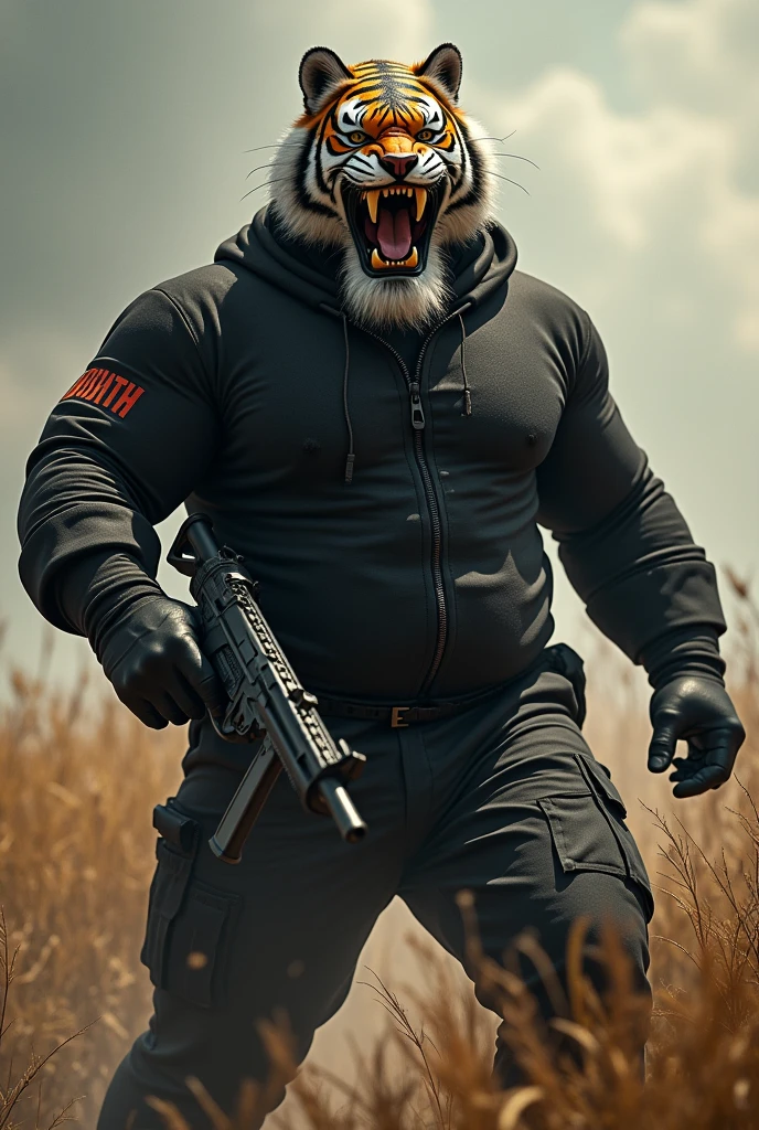 (a dark-skinned fat muscular sikh old man in black skintight diver suit) carrying a gun in right hand, (wearing realistic roaring tiger mask), dynamic action pose, fierce expression, showcasing an imposing stature, surrounded by military elements, dramatic shadows and intense highlights, cinematic color tones, high detail, powerful, art influenced by Bruce Onobrakpeya and Stanley Artgerm, ultra-detailed, best quality image, action-packed atmosphere. fighting stance. field background