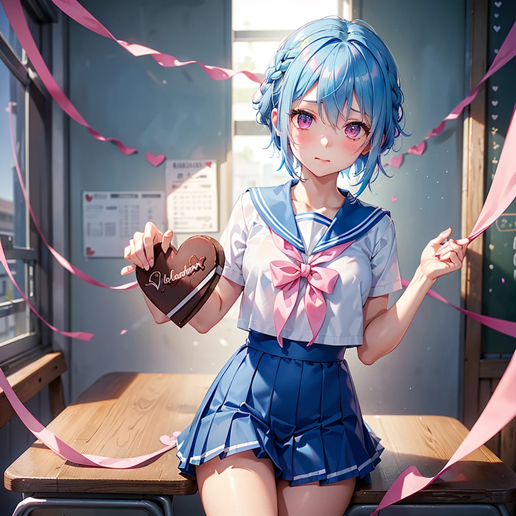 (Sky blue hair),(Braided short hair), (Pink Eyes),Fair skin) ,(whole body),(One Girl),(Embarrassed),(The background is a school classroom,blackboard),(Heart-shaped chocolate),(Hand it forward with both hands),(Sailor suit),(valentine's day),(masterpiece, Highest quality, Very detailed, Best Shadow), (Detailed Background), (Beautifully detailed face), High Contrast, (Best lighting, Very delicate and beautiful), ((Cinematic Light)), Hyper Detail,8k, Dramatic Light, Intricate details,High quality