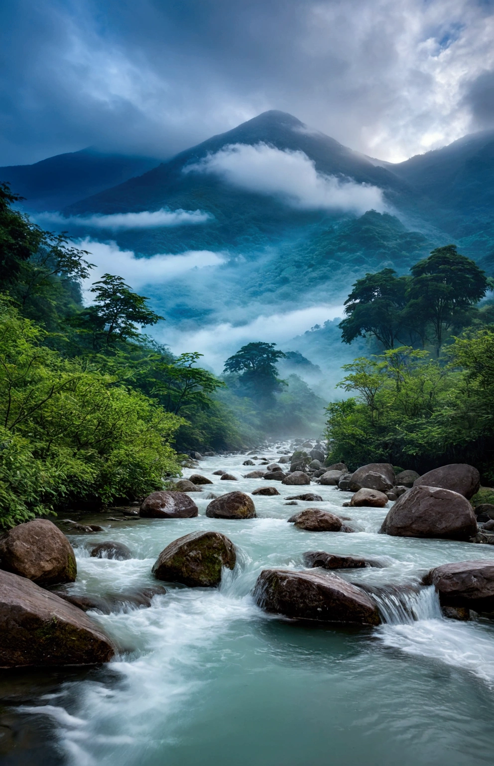 stream，Behind is the mountain,Clouds and mist