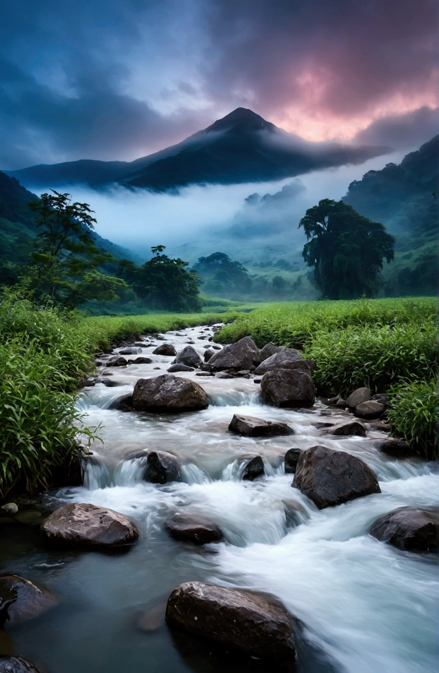 stream,Behind is the mountain,Clouds and mist